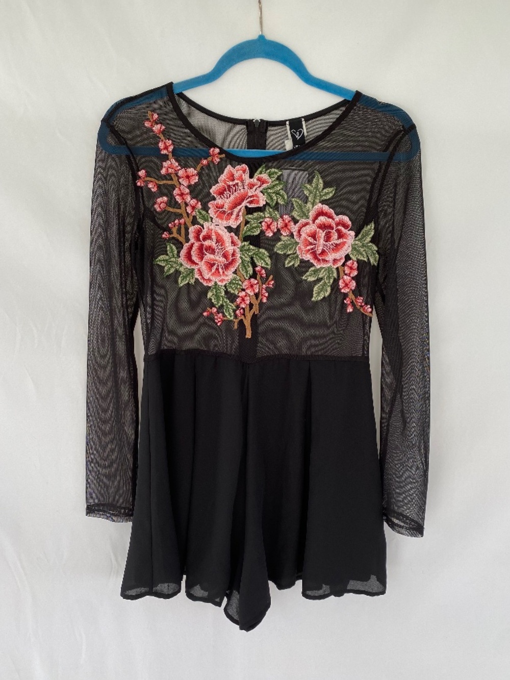 Windsor Black Floral Embroidered Mesh Long Sleeve Romper NWT